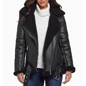 GUESS Women's Faux-Shearling Asymmetric Moto Coat